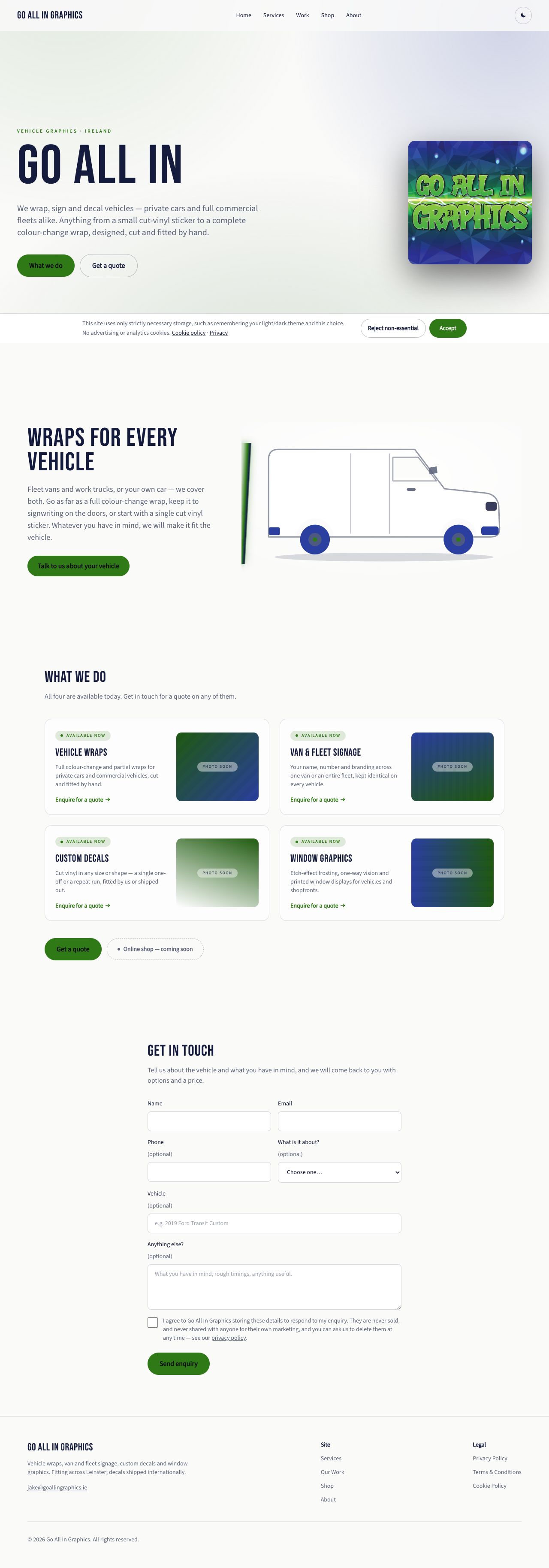 Screenshot of the Go All In Graphics website — live client build